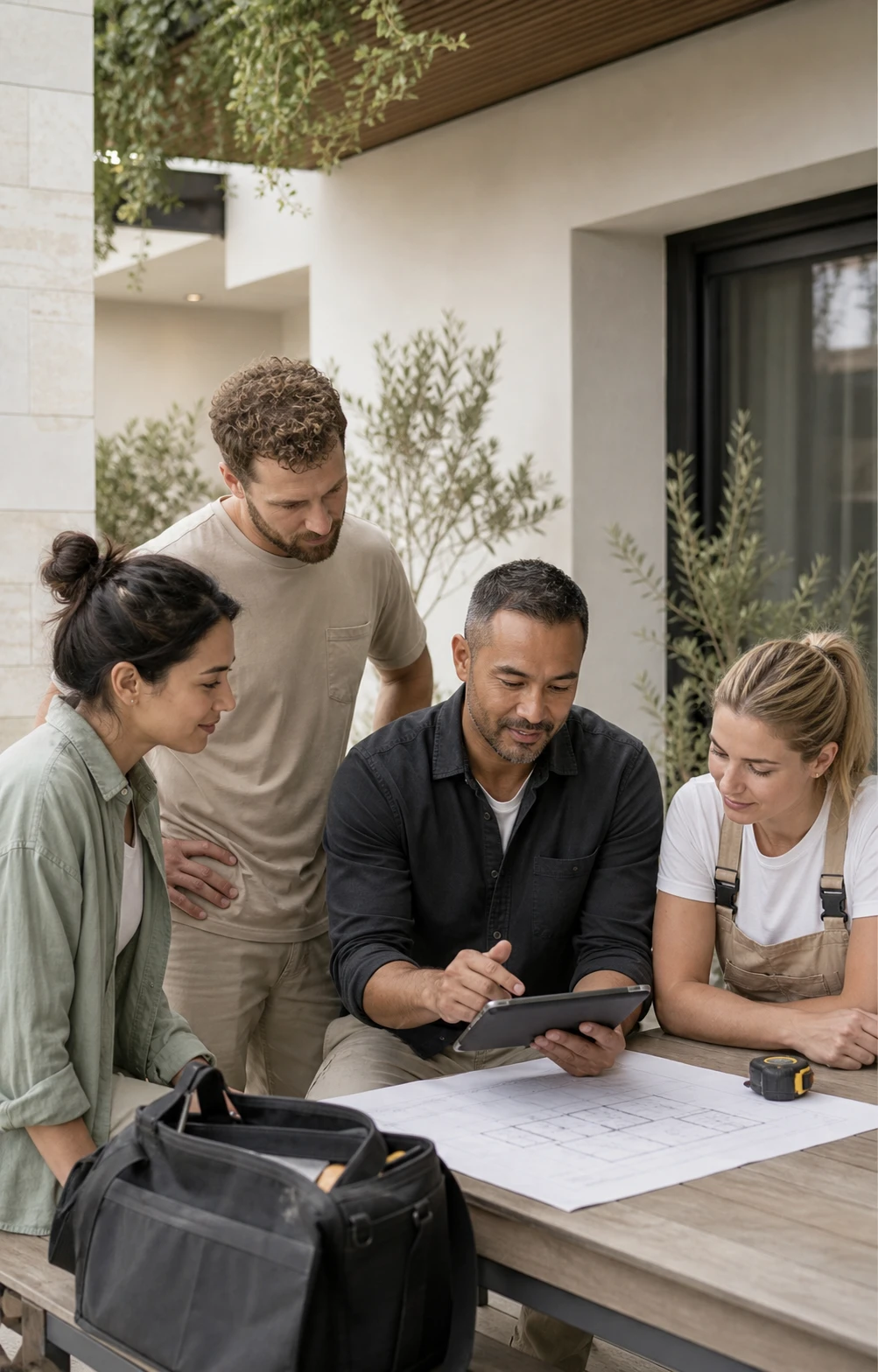 The Kreston Property Services team and a local trade reviewing property plans on a tablet outside a modern Sydney home — coordinating a maintenance job together