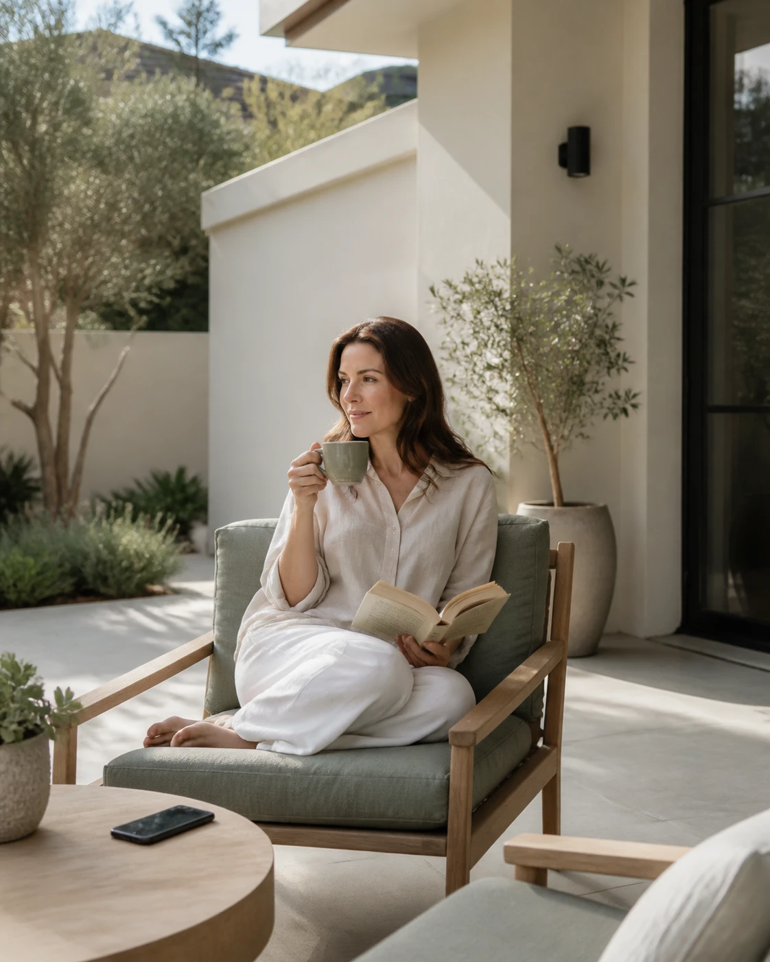 A relaxed property owner enjoying a coffee and a book on her patio while Kreston coordinates her home maintenance — the time and stress she gets back